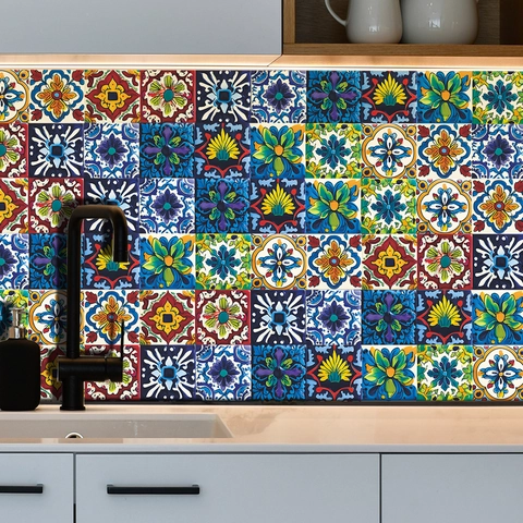Mexican Talavera Tile Stickers Waterproof Self Adhesive Mandala Floral Pattern For Kitchen Bathroom Backsplash Wall Decor