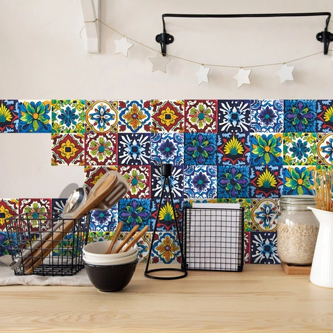 Mexican Talavera Tile Stickers Waterproof Self Adhesive Mandala Floral Pattern For Kitchen Bathroom Backsplash Wall Decor