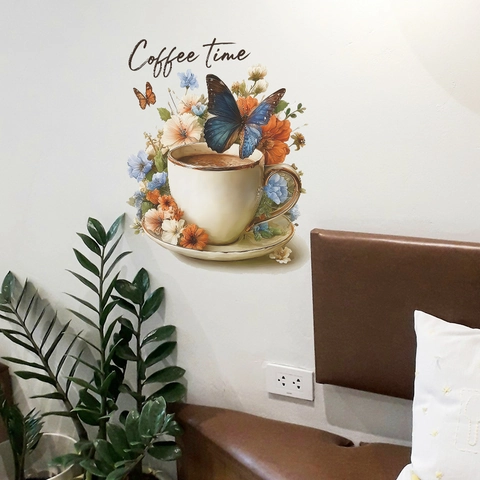 Adesivo da Parete Coffee Time in PVC Rimovibile Decalcomania Tazza di Caffè Fiori Farfalla per Cucina Sala da Pranzo Casa Bar
