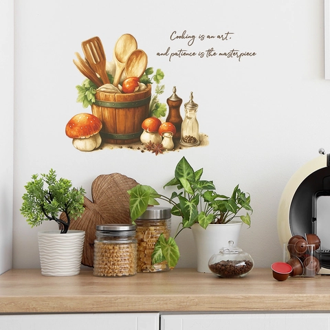 Watercolor Kitchen Utensils Mushroom Wall Sticker PVC Self Adhesive English Quote Home Decor Dining Room Wall Decal