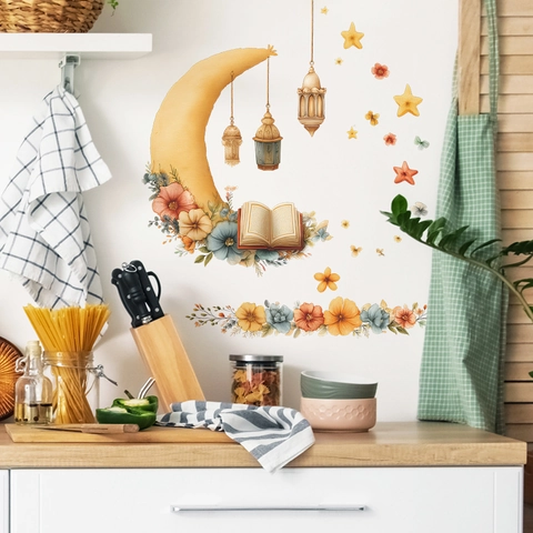 Ramadan Mond Blume Laterne Wandtattoos PVC Selbstklebend DIY Aufkleber Für Wohnzimmer Schlafzimmer Küche Home Dekoration