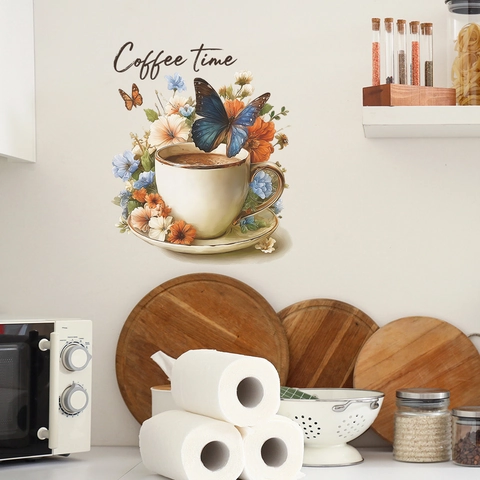 Adesivo da Parete Coffee Time in PVC Rimovibile Decalcomania Tazza di Caffè Fiori Farfalla per Cucina Sala da Pranzo Casa Bar