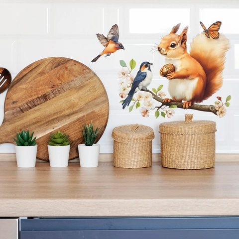 Cute Squirrel Branch Flowers And Birds Glass Window Home Decoration PVC Self-Adhesive Wall Sticker Decal For Living Room