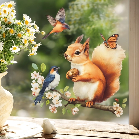 Cute Squirrel Branch Flowers And Birds Glass Window Home Decoration PVC Self-Adhesive Wall Sticker Decal For Living Room