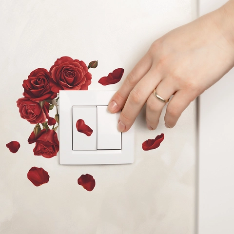 Adesivi per Interruttori con Fiori di Rosa Rossa Romantica Decalcomanie da Muro Autoadesive in PVC Rimovibili per Decorazione Camera da Letto Soggiorno Regalo di San Valentino