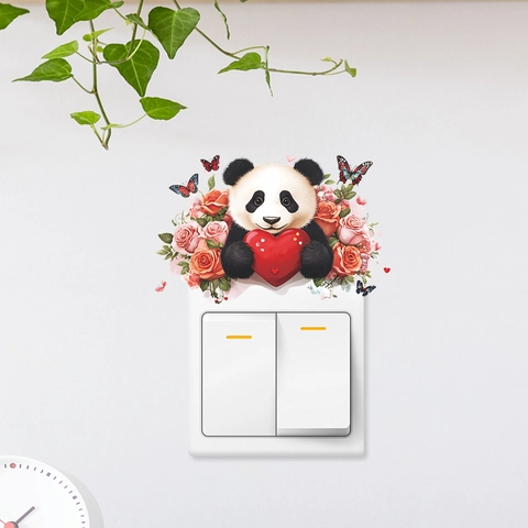 Autocollant Mural Interrupteur Panda Dessin Animé Cœur Rose Papillon Sticker PVC Amovible pour Décoration de Maison