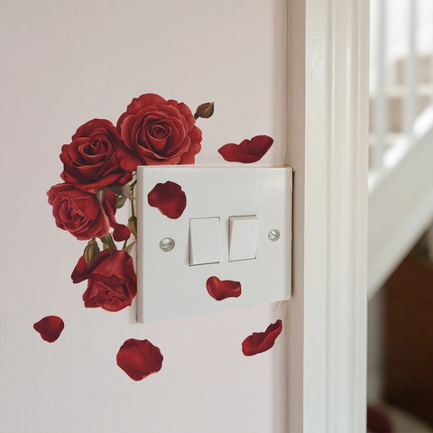 Adesivi per Interruttori con Fiori di Rosa Rossa Romantica Decalcomanie da Muro Autoadesive in PVC Rimovibili per Decorazione Camera da Letto Soggiorno Regalo di San Valentino