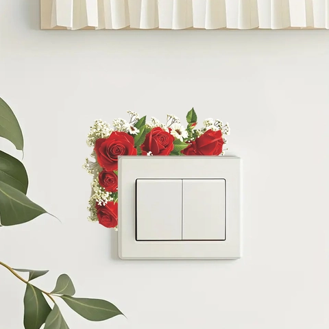 Red Rose Flower PVC Switch Sticker Removable Waterproof Floral Wall Decal For Living Room Bedroom Bathroom Home Decoration