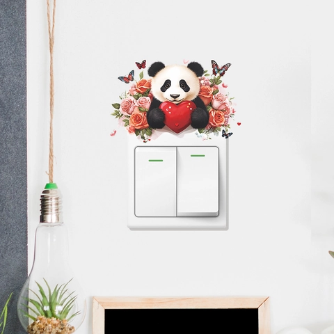 Autocollant Mural Interrupteur Panda Dessin Animé Cœur Rose Papillon Sticker PVC Amovible pour Décoration de Maison