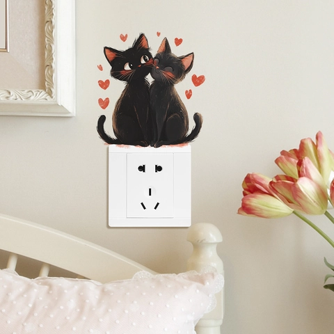 Cute Black Cat Love Heart PVC Switch Sticker Removable Self Adhesive Wall Decal For Bedroom Home Decor Valentine Day Gift