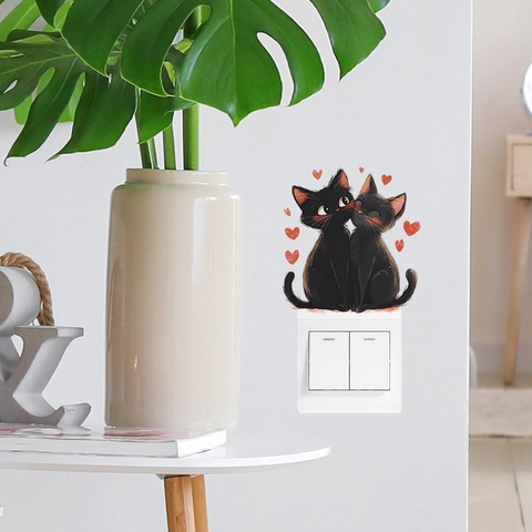 Cute Black Cat Love Heart PVC Switch Sticker Removable Self Adhesive Wall Decal For Bedroom Home Decor Valentine Day Gift