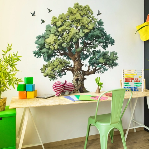 Pegatina de Pared de Árbol Verde Grande Pájaros PVC Removible Estilo Bosque Calcomanía Para Sala de Estar Dormitorio