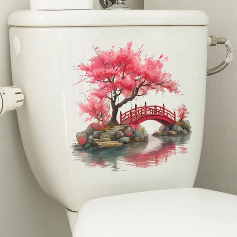 Japanese Romantic Cherry Blossom Red Bridge Toilet Sticker PVC Waterproof Self-Adhesive Bathroom Wall Decal Home Decor