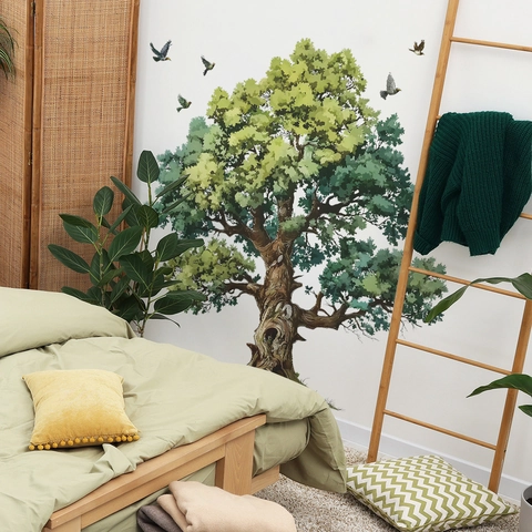 Pegatina de Pared de Árbol Verde Grande Pájaros PVC Removible Estilo Bosque Calcomanía Para Sala de Estar Dormitorio