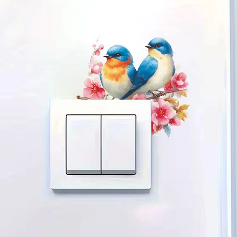 Watercolor Birds Peach Blossom Light Switch Wall Sticker PVC Removable Flower Decor For Bedroom Entryway Home Decor