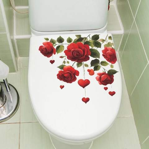 Valentine Day Rose Flower Heart Toilet Sticker Removable PVC Bathroom Decoration Floral Wall Decal Romantic Self Adhesive