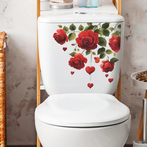 Valentine Day Rose Flower Heart Toilet Sticker Removable PVC Bathroom Decoration Floral Wall Decal Romantic Self Adhesive