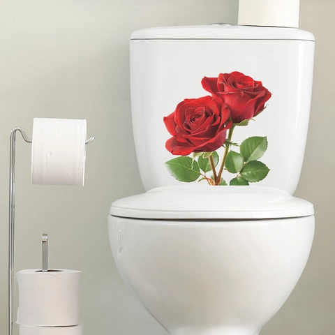 Pegatina de Inodoro 3D Rosa Roja Realista Impermeable PVC Flor Calcomanía de Pared Baño Día de San Valentín Romántico Decor