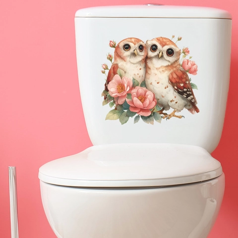 Removable PVC Toilet Sticker Couple Owls Floral Pattern Waterproof Bathroom Decal Valentine's Day Home Decor Toilet Lid Sticker