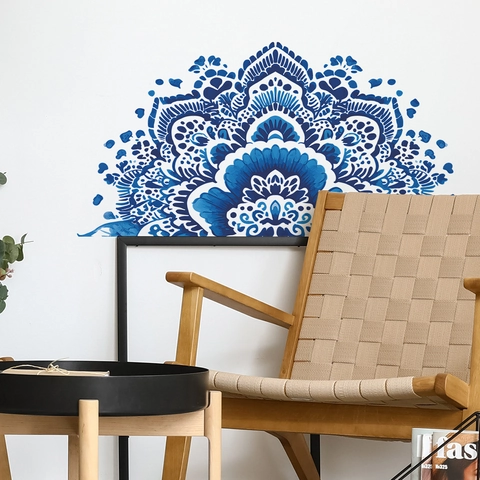 Pegatina de Pared Mandala Azul Bohemio Autoadhesiva de PVC para Dormitorio Sala de Estar Decoración de Pared de Fondo