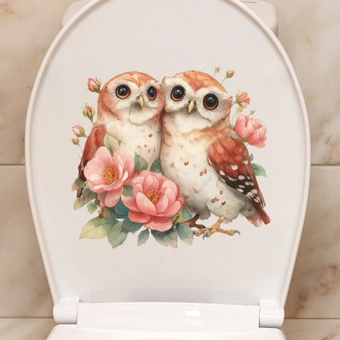 Removable PVC Toilet Sticker Couple Owls Floral Pattern Waterproof Bathroom Decal Valentine's Day Home Decor Toilet Lid Sticker