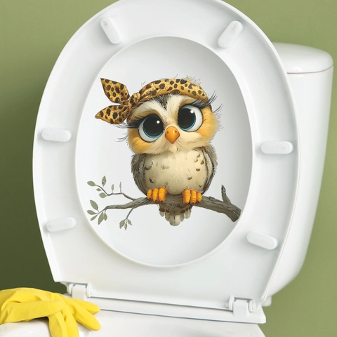 Cartoon Owl Toilet Seat Sticker Removable PVC Decorative Wall Decal With Big Eyes Leopard Print Branch For Bathroom Home