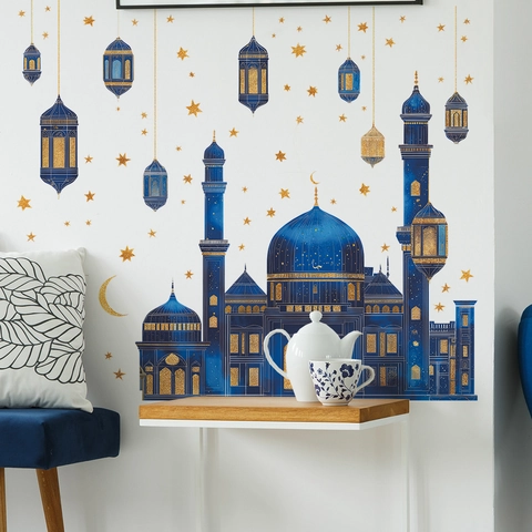 Blau Gold Ramadan Moschee Wandtattoo Abnehmbar PVC DIY Islamische Laterne Stern Mond Home Decor Wandbild Für Eid Dekoration