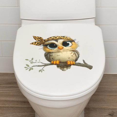 Cartoon Owl Toilet Seat Sticker Removable PVC Decorative Wall Decal With Big Eyes Leopard Print Branch For Bathroom Home