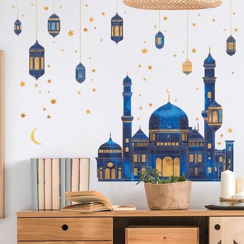 Blau Gold Ramadan Moschee Wandtattoo Abnehmbar PVC DIY Islamische Laterne Stern Mond Home Decor Wandbild Für Eid Dekoration