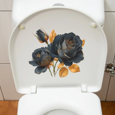 Vintage Ink Blue Rose Toilet Sticker Gold Foil Floral PVC Wall Decal For Bathroom Home Decoration Self-Adhesive Art Sticker