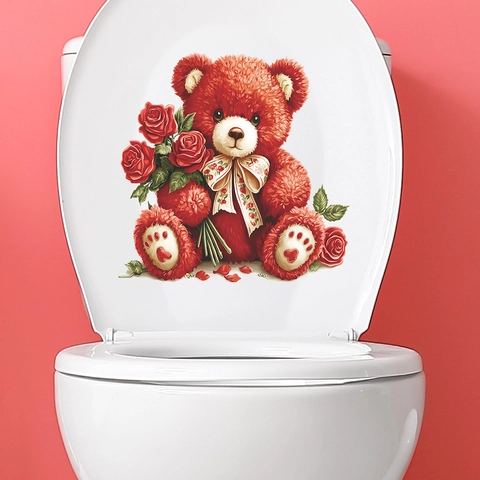 Pegatina Para Inodoro Oso De Peluche Romántico Con Rosas Para Baño San Valentín PVC Impermeable Mural Decoración Hogar