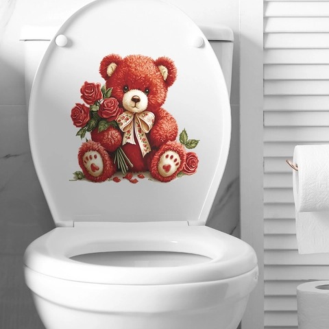 Pegatina Para Inodoro Oso De Peluche Romántico Con Rosas Para Baño San Valentín PVC Impermeable Mural Decoración Hogar
