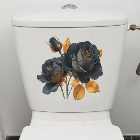Vintage Ink Blue Rose Toilet Sticker Gold Foil Floral PVC Wall Decal For Bathroom Home Decoration Self-Adhesive Art Sticker