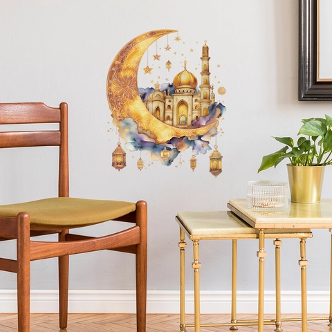 Aquarell Gold Mond Moschee Wandtattoo PVC Abnehmbare Ramadan Eid Mubarak Aufkleber Für Wohnzimmer Schlafzimmer Home Dekor