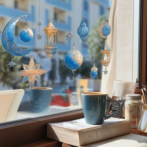 Pegatinas de Pared PVC Ramadan Luna Estrella Linterna Estilo Étnico Oriente Medio Calcomanías Oro Azul Extraíbles Decoración