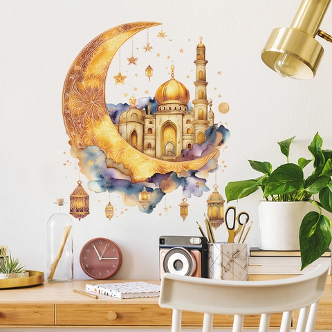 Aquarell Gold Mond Moschee Wandtattoo PVC Abnehmbare Ramadan Eid Mubarak Aufkleber Für Wohnzimmer Schlafzimmer Home Dekor