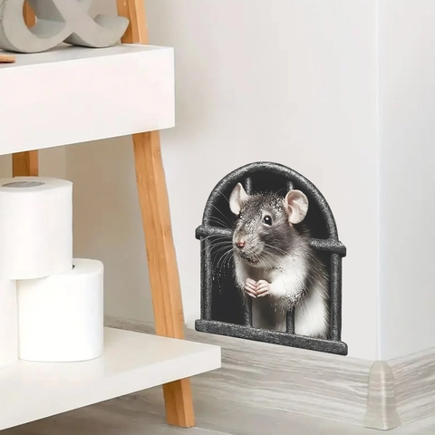3D Creative Mouse Hole Wall Sticker Realistic Cartoon Mouse Behind Bars Removable PVC Decal For Kids Bedroom Home Decor