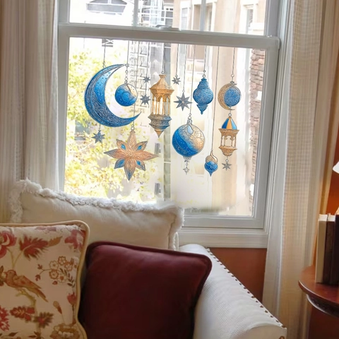 Pegatinas de Pared PVC Ramadan Luna Estrella Linterna Estilo Étnico Oriente Medio Calcomanías Oro Azul Extraíbles Decoración