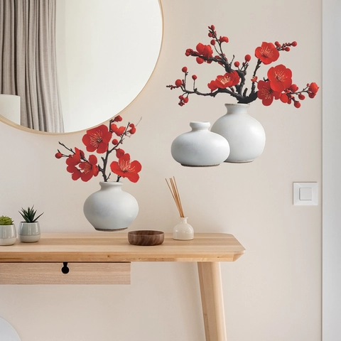 Elegant Red Plum Blossom White Vase PVC Wall Stickers Self Adhesive Chinese Style Floral Window Decals For Home Decor