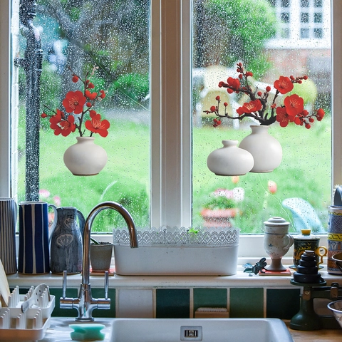 Elegant Red Plum Blossom White Vase PVC Wall Stickers Self Adhesive Chinese Style Floral Window Decals For Home Decor