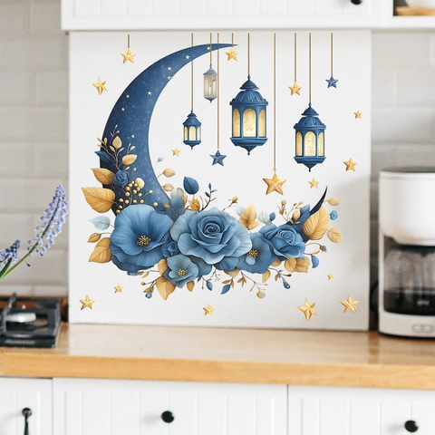 Pegatinas De Pared De Flor De Linterna De Estrella De Luna Azul Ramadan Eid Mubarak PVC Calcomanía Autoadhesiva Decoración