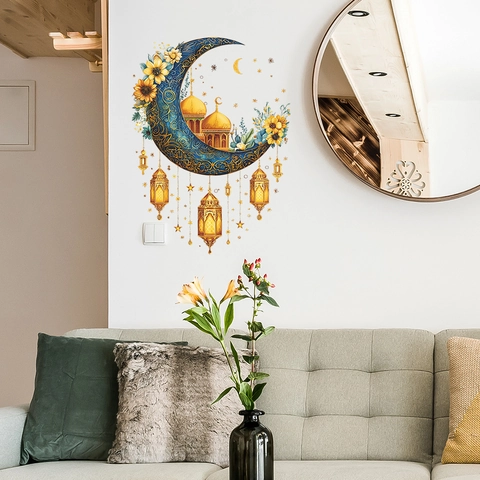 Ramadan Wandaufkleber Mond Moschee Schloss Sonnenblume Muster Gold Laterne Stern Eid Mubarak PVC Selbstklebend Heim Dekor