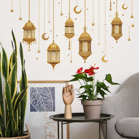 Goldene Ramadan Wandtattoo Mond Sterne Laternen Abnehmbare PVC Aufkleber Für Eid Mubarak Haus Schlafzimmer Wohnzimmer Glas Fenster Deko