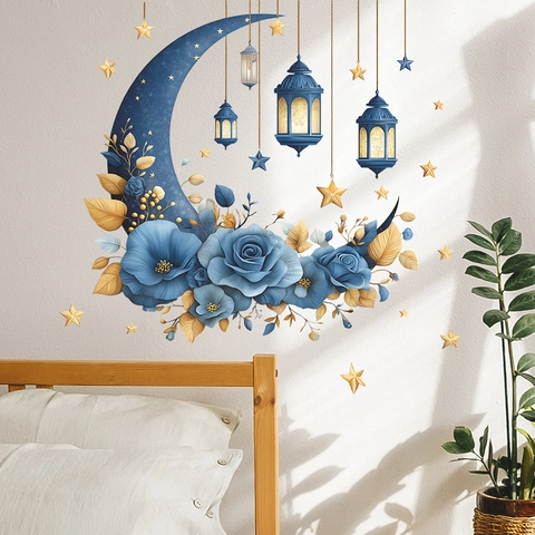 Pegatinas De Pared De Flor De Linterna De Estrella De Luna Azul Ramadan Eid Mubarak PVC Calcomanía Autoadhesiva Decoración