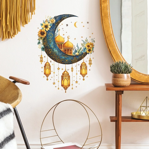 Ramadan Wandaufkleber Mond Moschee Schloss Sonnenblume Muster Gold Laterne Stern Eid Mubarak PVC Selbstklebend Heim Dekor
