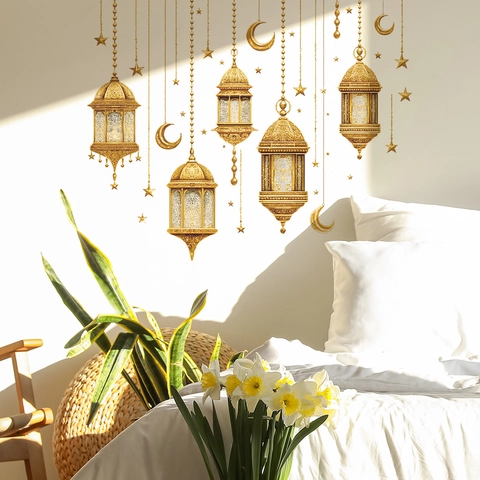 Goldene Ramadan Wandtattoo Mond Sterne Laternen Abnehmbare PVC Aufkleber Für Eid Mubarak Haus Schlafzimmer Wohnzimmer Glas Fenster Deko