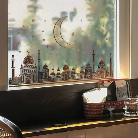 Middle East Ramadan Eid Al-Fitr Mosque Moon Stars Wall Stickers Gold Islamic PVC Home Bedroom Glass Window Decals Art Mural