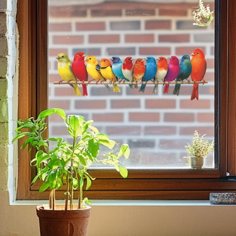 Vibrant Colored Birds On Branch PVC Wall Stickers Self-Adhesive Glass Window Decals For Bedroom Hallway Home Decoration