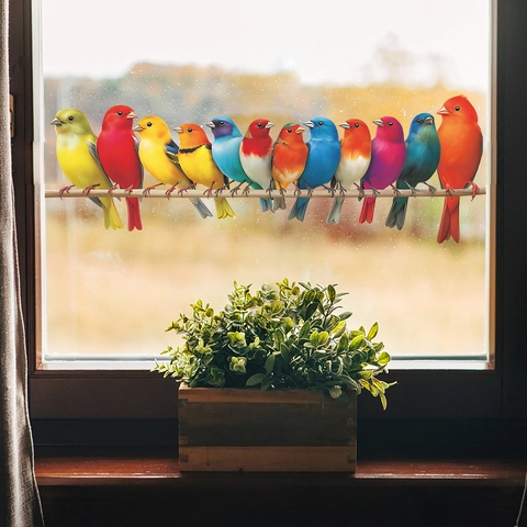 Vibrant Colored Birds On Branch PVC Wall Stickers Self-Adhesive Glass Window Decals For Bedroom Hallway Home Decoration