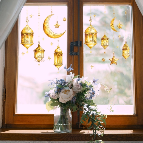 Pegatinas de Pared de Linterna Luna Estrella de Ramadán Oro Calcomanías de Ventana de PVC para Decoración de Hogar Eid Mubarak